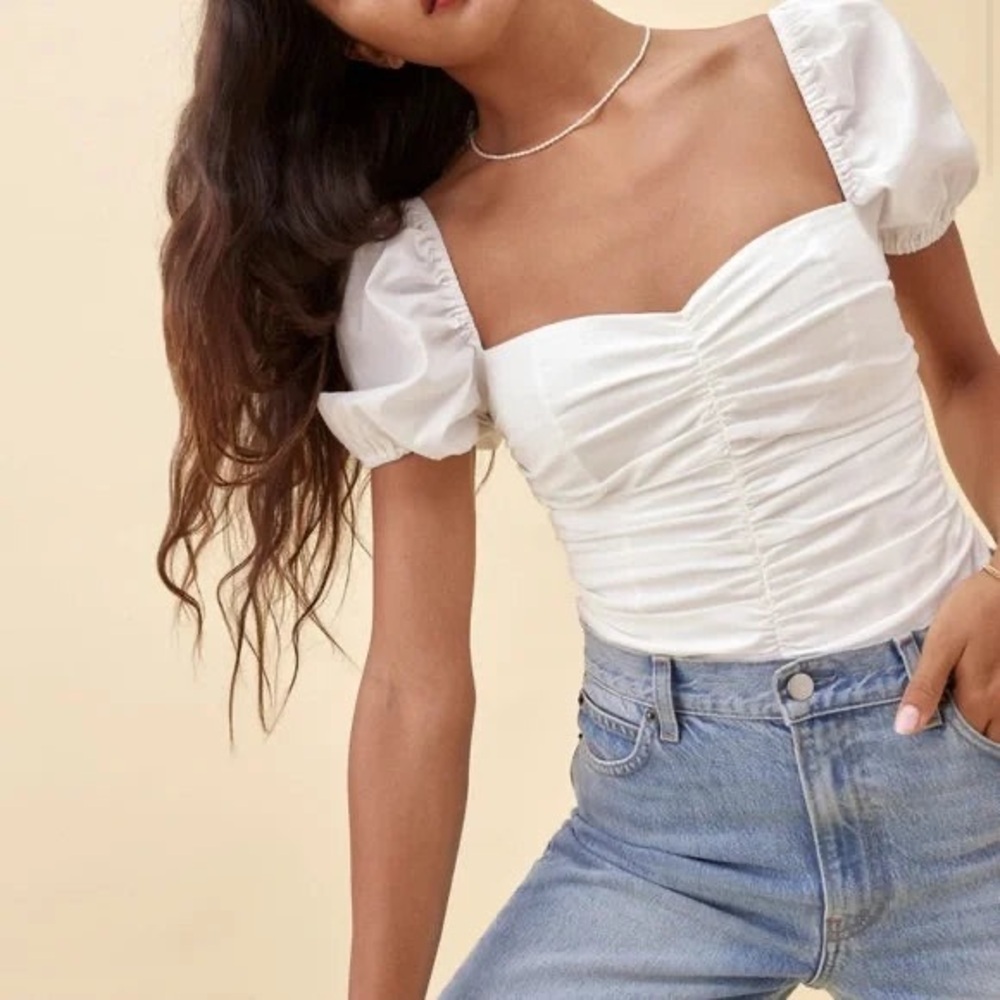 Reformation x Anthropologie Radish Puff Sleeve Ruched Top Womens 4 White ZipBack